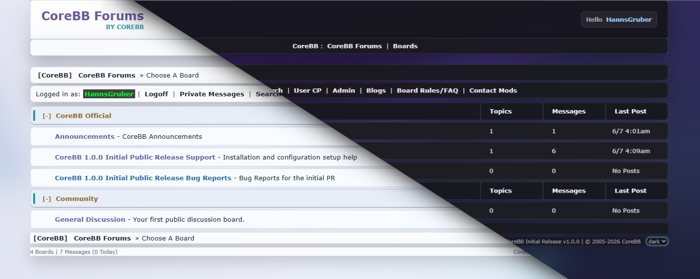 CoreBB board index shown with light and dark theme views
