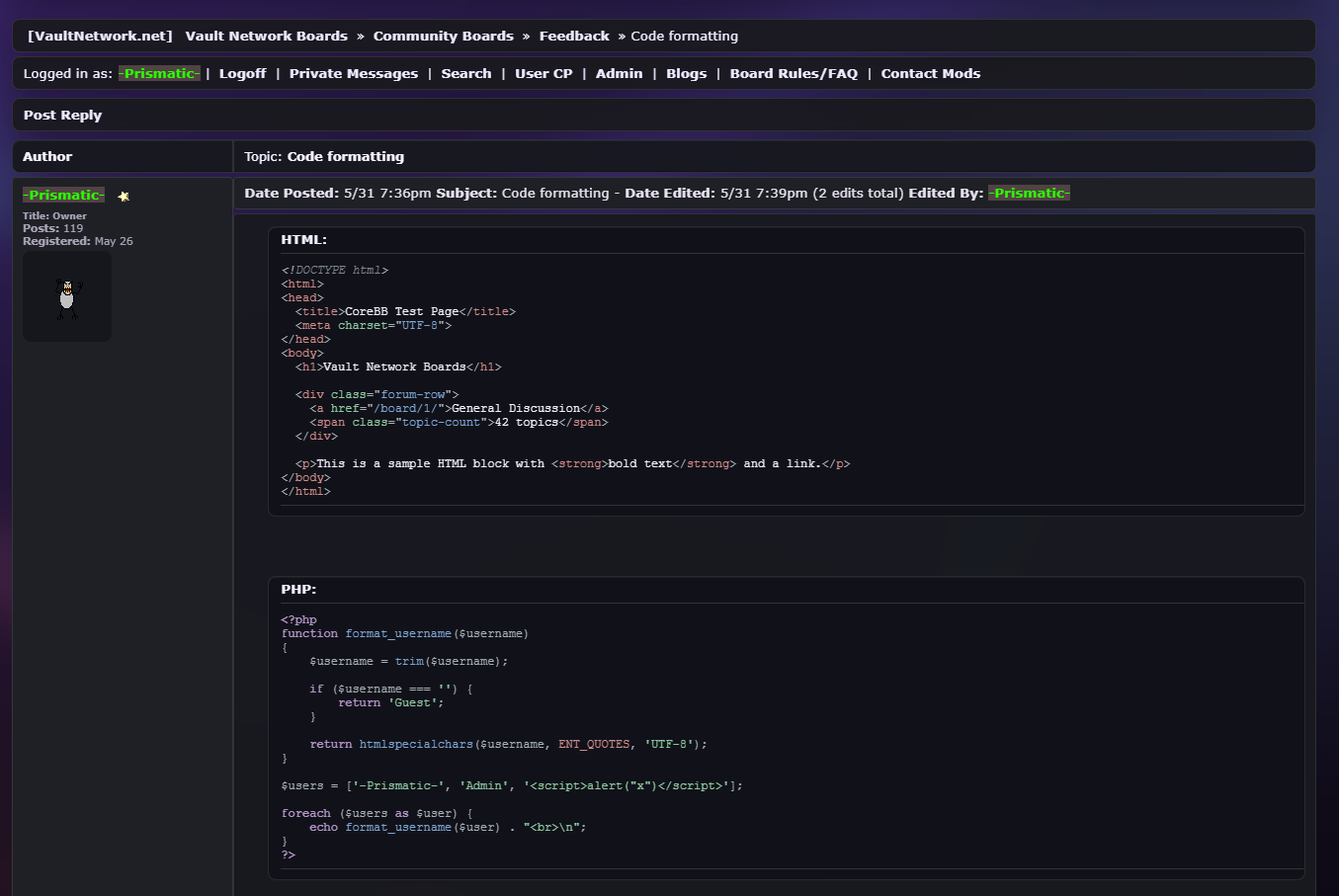 A CoreBB thread showing syntax-highlighted HTML and PHP code blocks